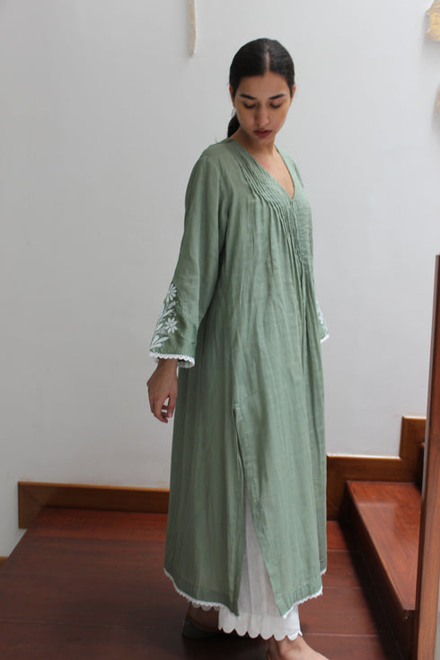 PINTUCKS BACK YOKE KURTA - GREEN