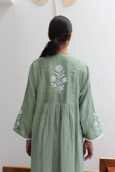 PINTUCKS BACK YOKE KURTA - GREEN