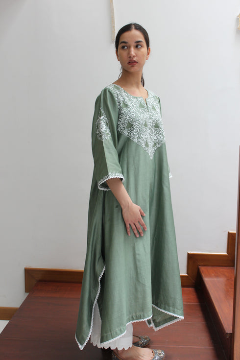 PINTUCKS BACK YOKE KURTA - GREEN