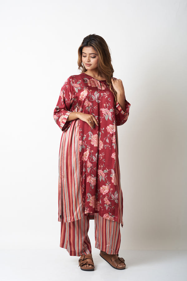 FLORAL AND STRIPES CO-ORD SET - MAROON