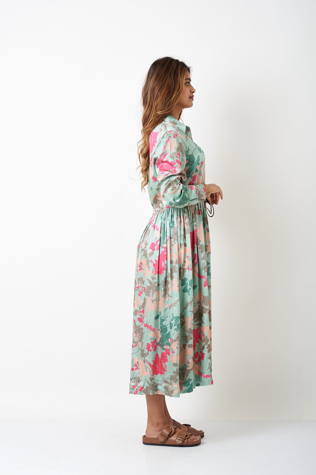WAIST GATHER COLLAR DRESS - AQUA