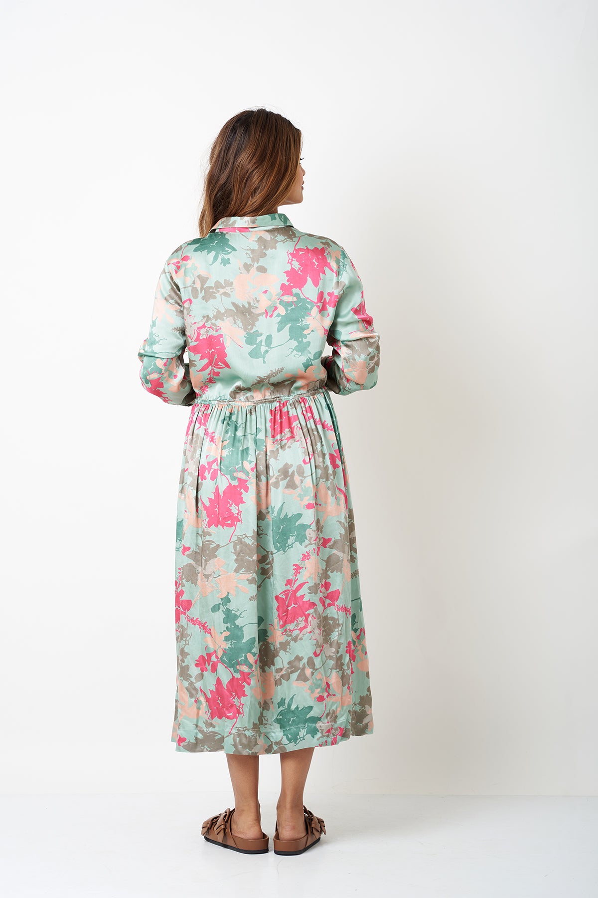 WAIST GATHER COLLAR DRESS - AQUA