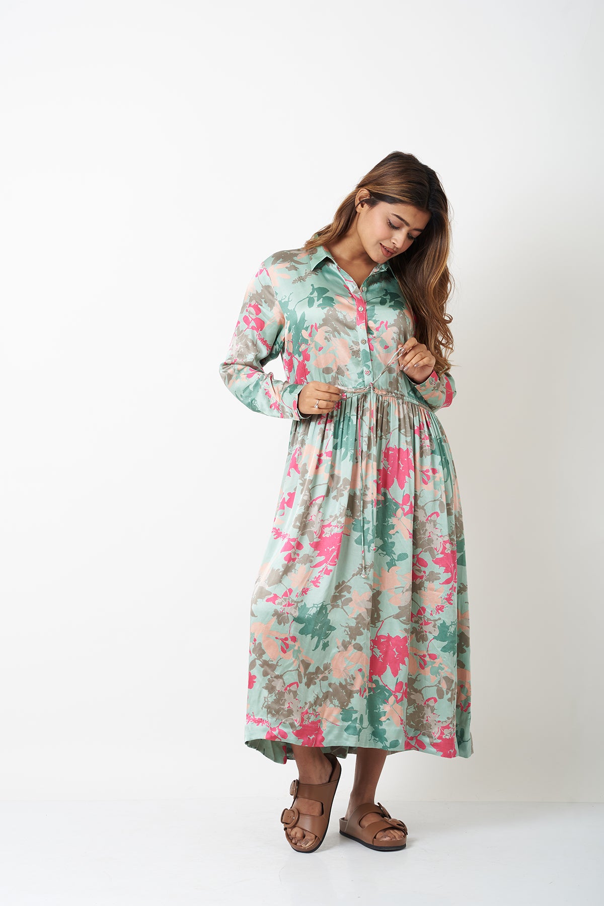 WAIST GATHER COLLAR DRESS - AQUA