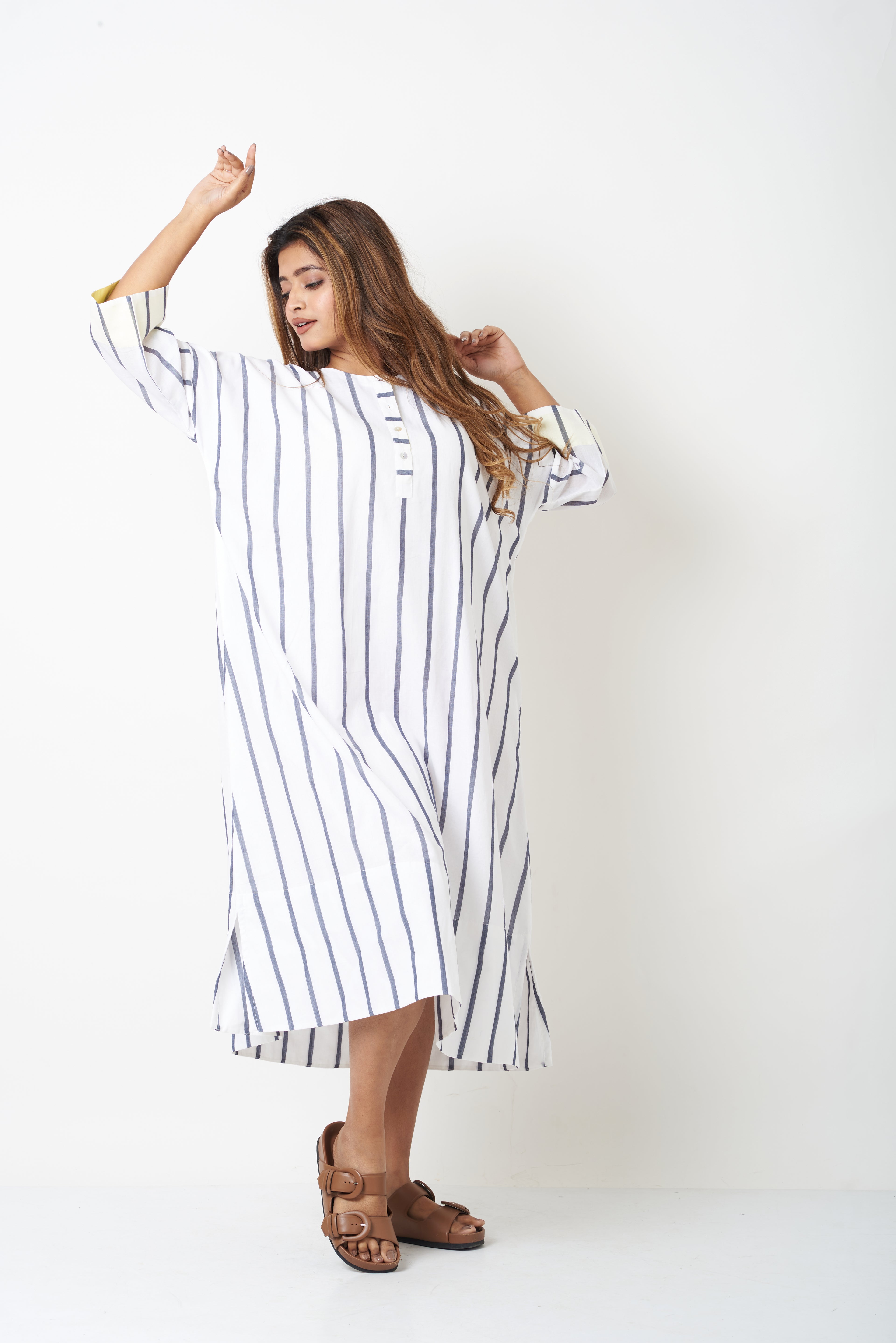 STRIPED SHIRT DRESS WITH YELLOW PATTI