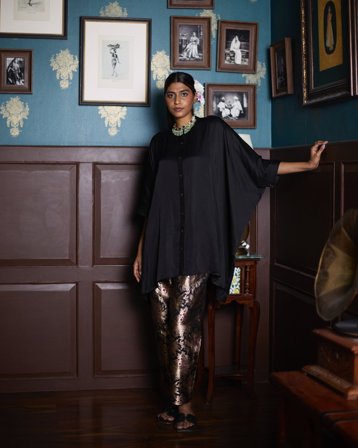 HAZARA BROCADE PANTS - BLACK
