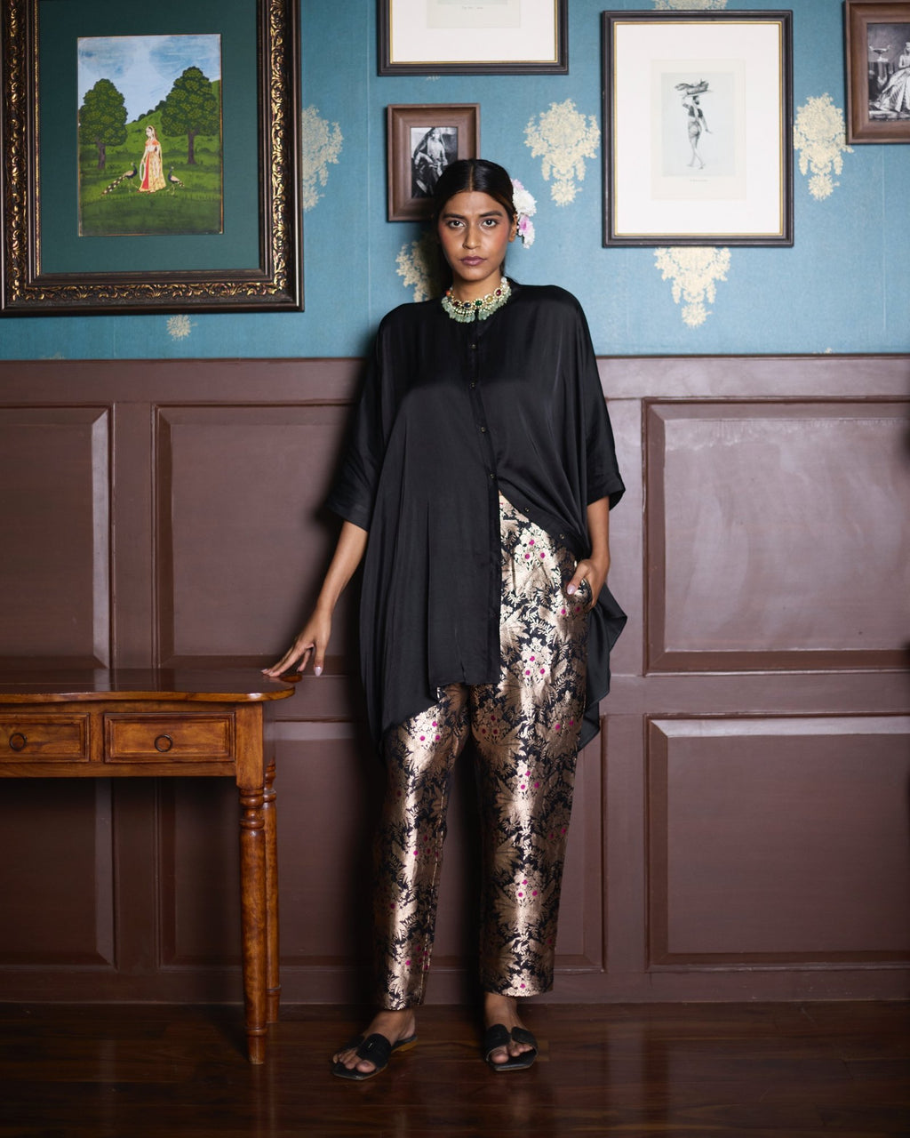 HAZARA BROCADE PANTS - BLACK