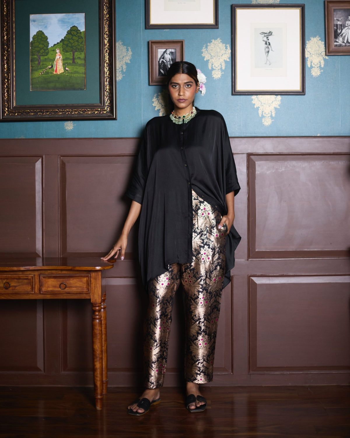 HAZARA BROCADE PANTS - BLACK