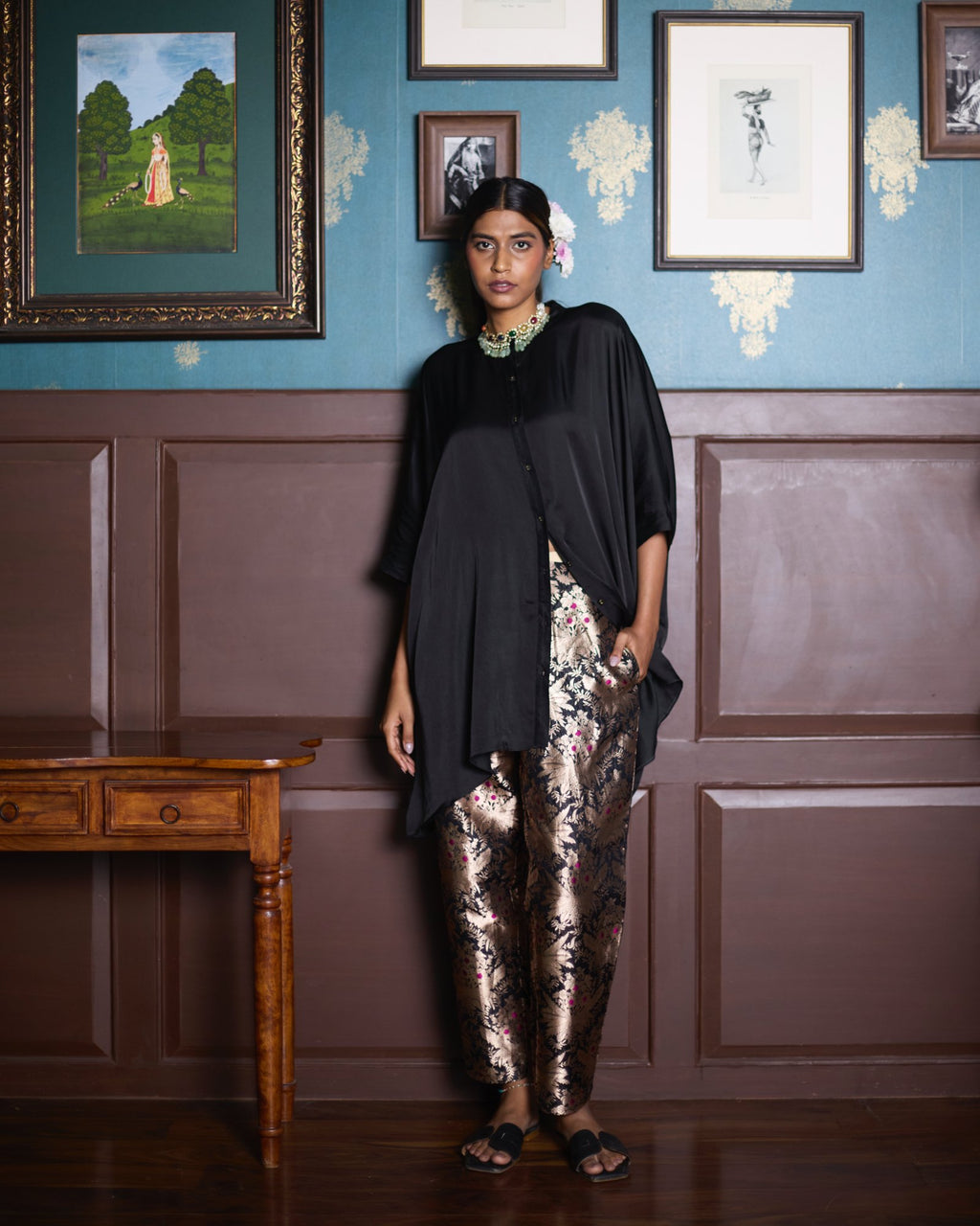 HAZARA BROCADE PANTS - BLACK