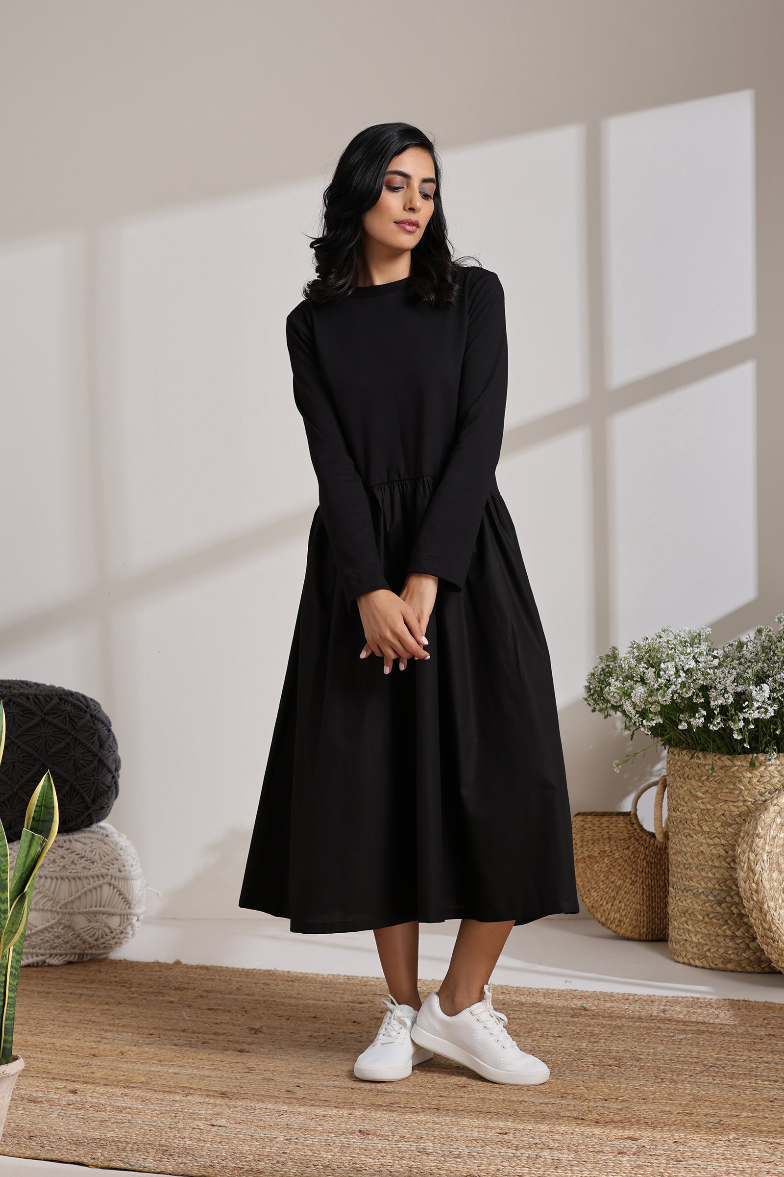 panel shirt dress COS Women's Contrast-Panel Boat-Neck Midi Dress in Black | Cotton